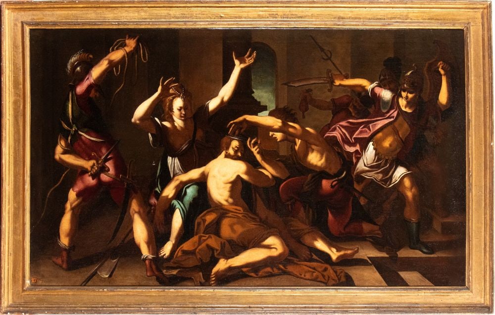 Artista toscano, XVII secolo () Sansone e Dalila: Oil on canvas cm. 80,5x136,5. Framed