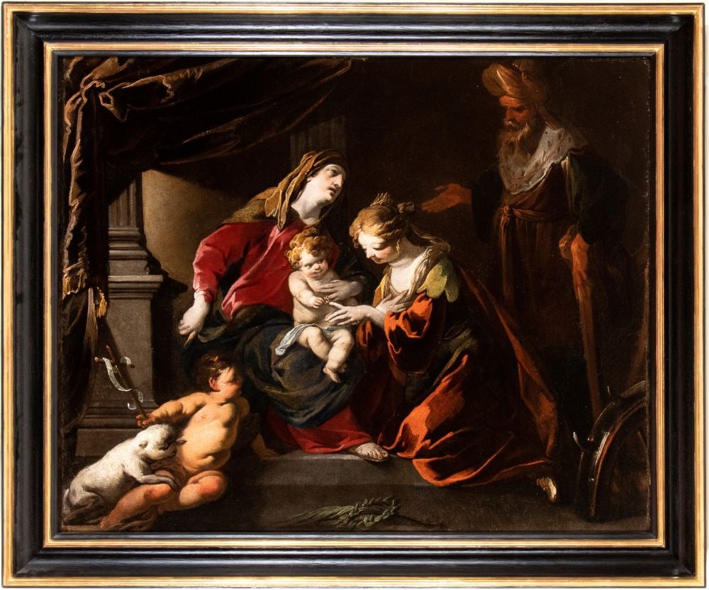Artista lombardo, XVII secolo () Matrimonio mistico Santa Caterina: Oil on canvas cm. 96x118,5. Framed