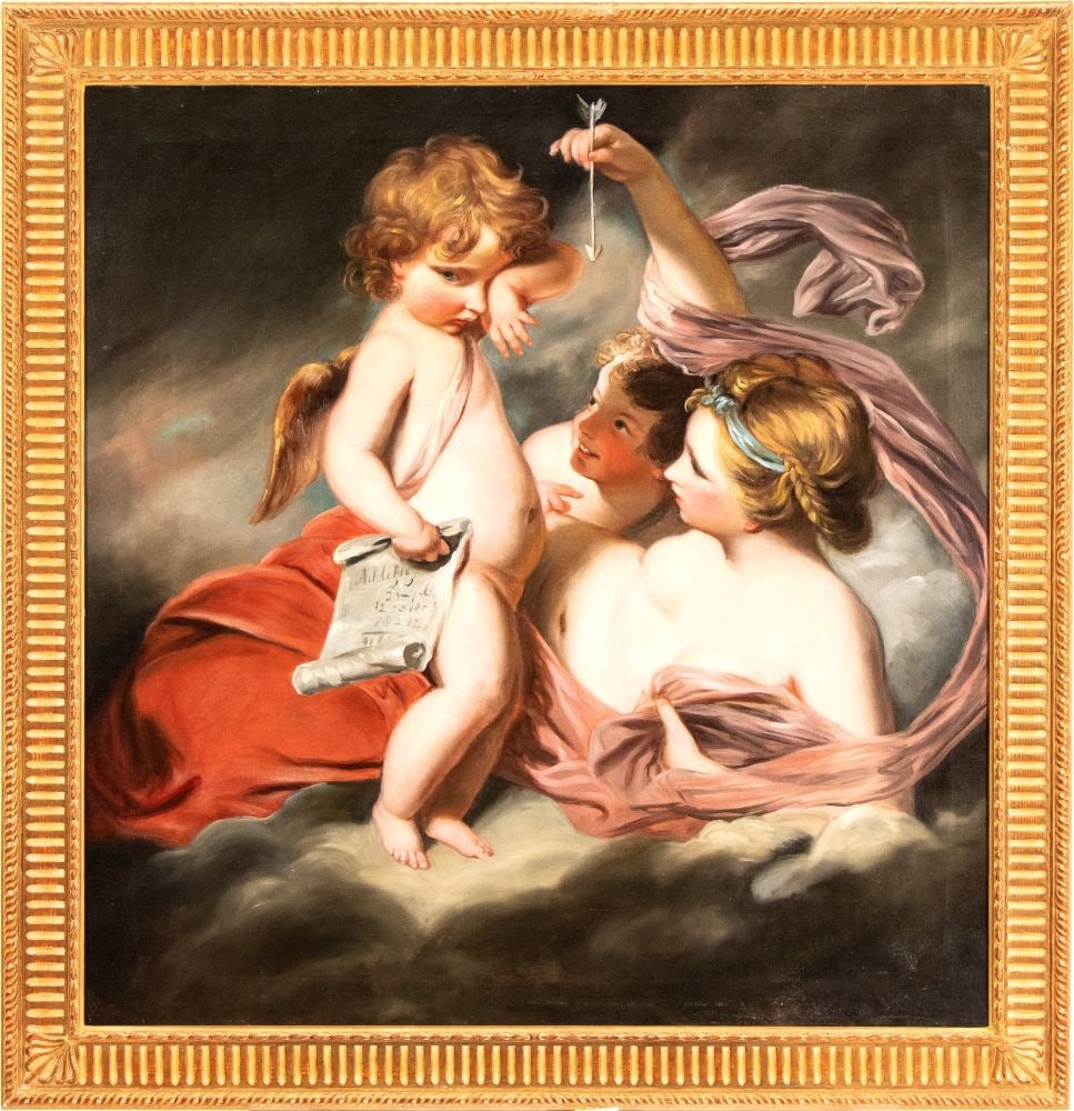 Joshua Reynolds (seguace di) (Plympton 1723 - Londra 1792) L'educazione di Cupido: Oil on canvas cm. 102x99,5. Framed The painting derives from a canvas by Joshua Reynolds now preserved at Kenwood House, London, and represents a significant testimony to the success of the mythologic
