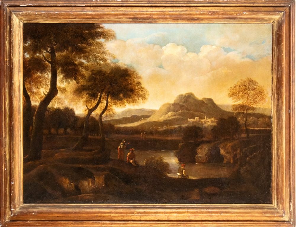 Bartolomeo Torregiani (attribuito a) (1590 - 1674 ca.) Paesaggio fluviale con figure e cittadella (1 of 4)