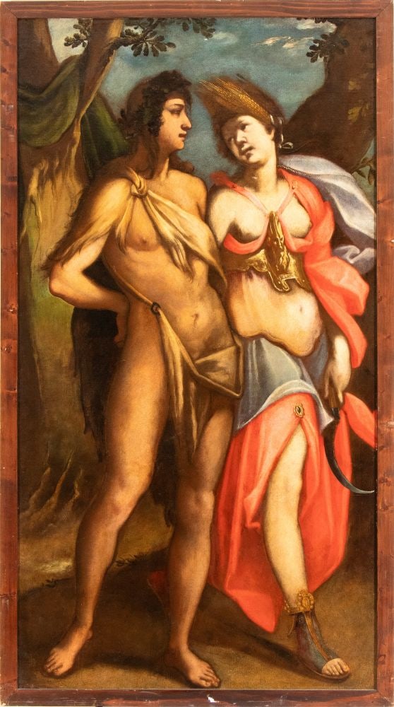 Artista fiammingo, XVII secolo () Bacco e Cerere: Oil on canvas cm. 175x95,5. Framed