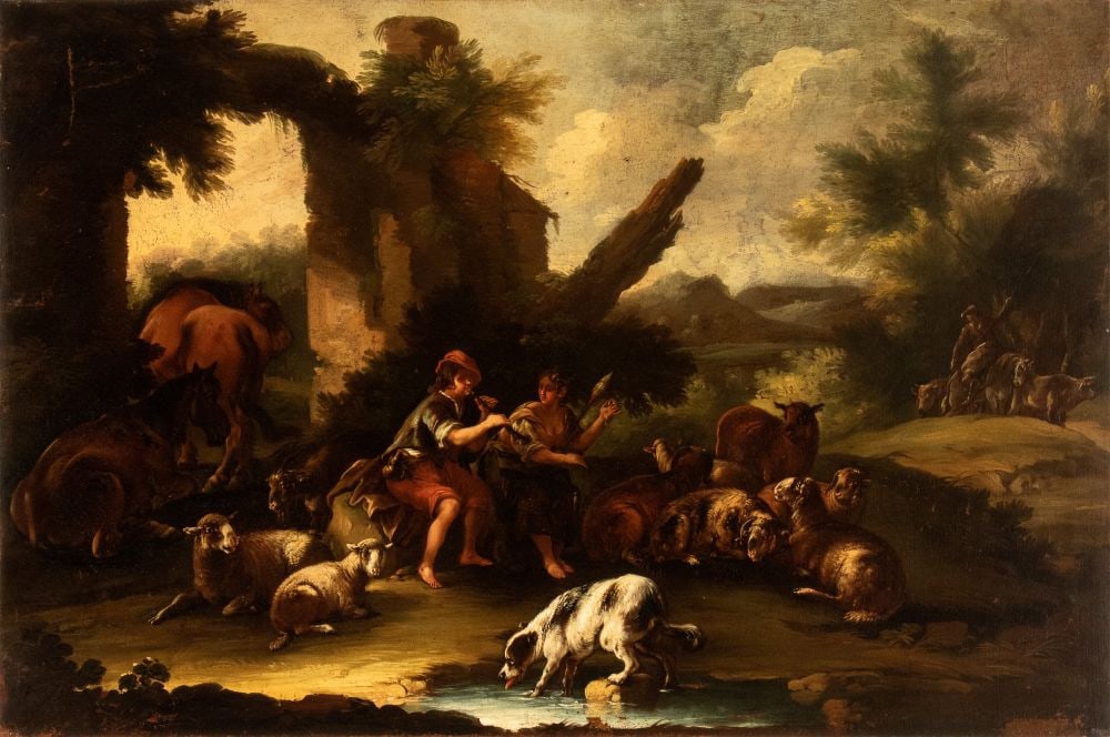 Domenico Brandi (Napoli 1684 - 1736) Paesaggio con pastore e armenti (1 of 2)