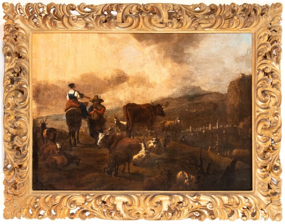 Artista olandese, seconda metà XVII secolo () Paesaggio con zampognaro, pastorella a cavallo, (1 of 4)