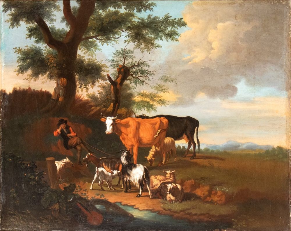 Nicolaes Berchem (maniera di) (Haarlem 1620 - Amsterdam 1683) Pastore con armenti (1 of 3)