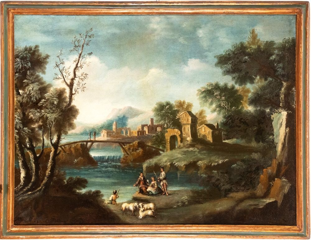 Artista attivo in Veneto () Paesaggio con corso d'acqua, cascatella, pastori, ponte e villaggio (1 of 5)