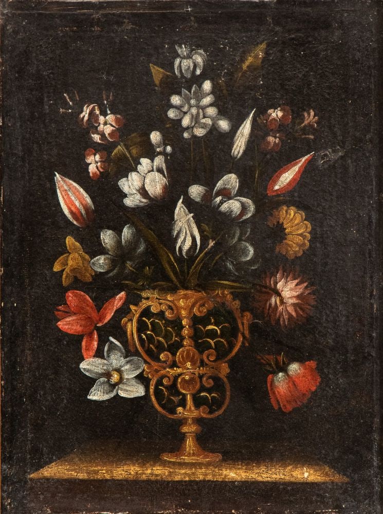 Giacomo Recco (ambito di) (Napoli 1603 - 1653) Due nature morte di fiori in un vaso. Coppia di (1 of 6)