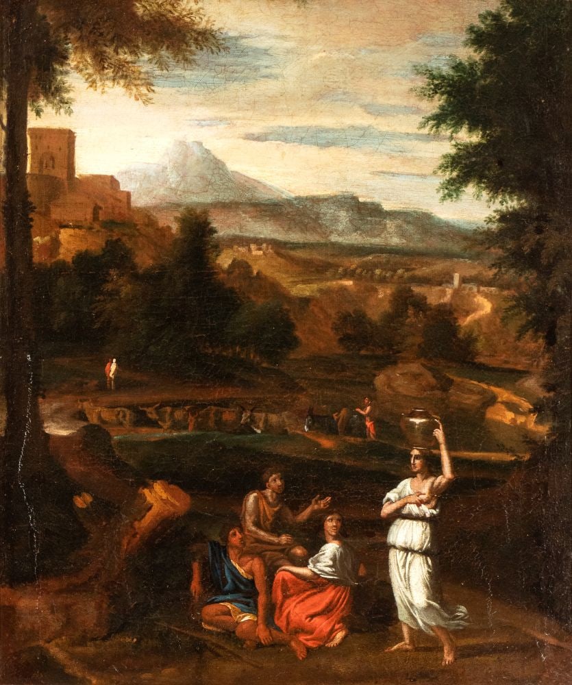 Nicolas Poussin (seguace di) (Les Andelys 1594 - Roma 1665) Paesaggio con figure, corso d'acqua e (1 of 3)