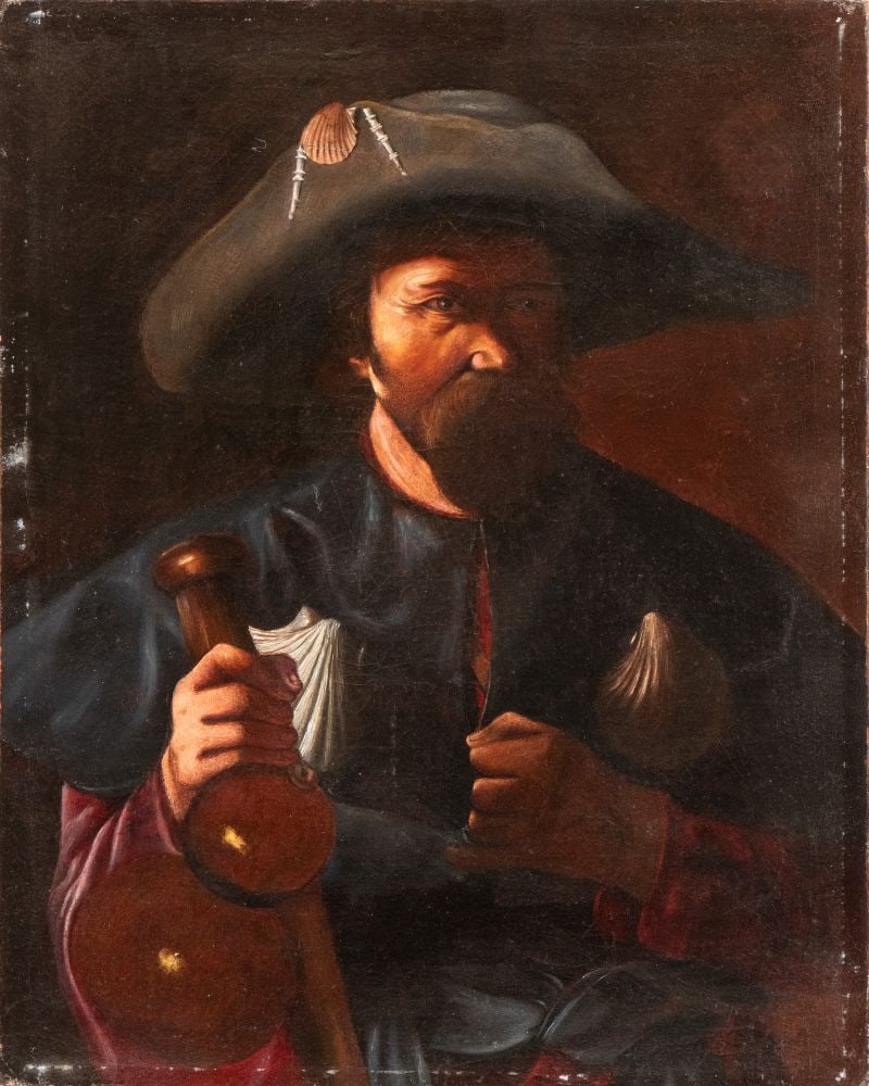 Georges de La Tour (copia da) (Vic-sur-Seille 1593 - Lunéville 1652) San Giacomo Maggiore: Oil on canvas cm. 68x54 The painting is a replica of the work by Georges de La Tour, now in a private collection.The reverse of the painting bears an old brush inscription with inventory number: ̶