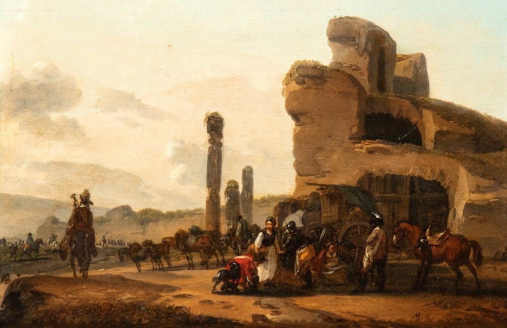 Claude Michel Hamon Duplessis (Attivo a Vesailles 1770 ca. - 1799 ca.) Paesaggio con cavalleria in (1 of 5)