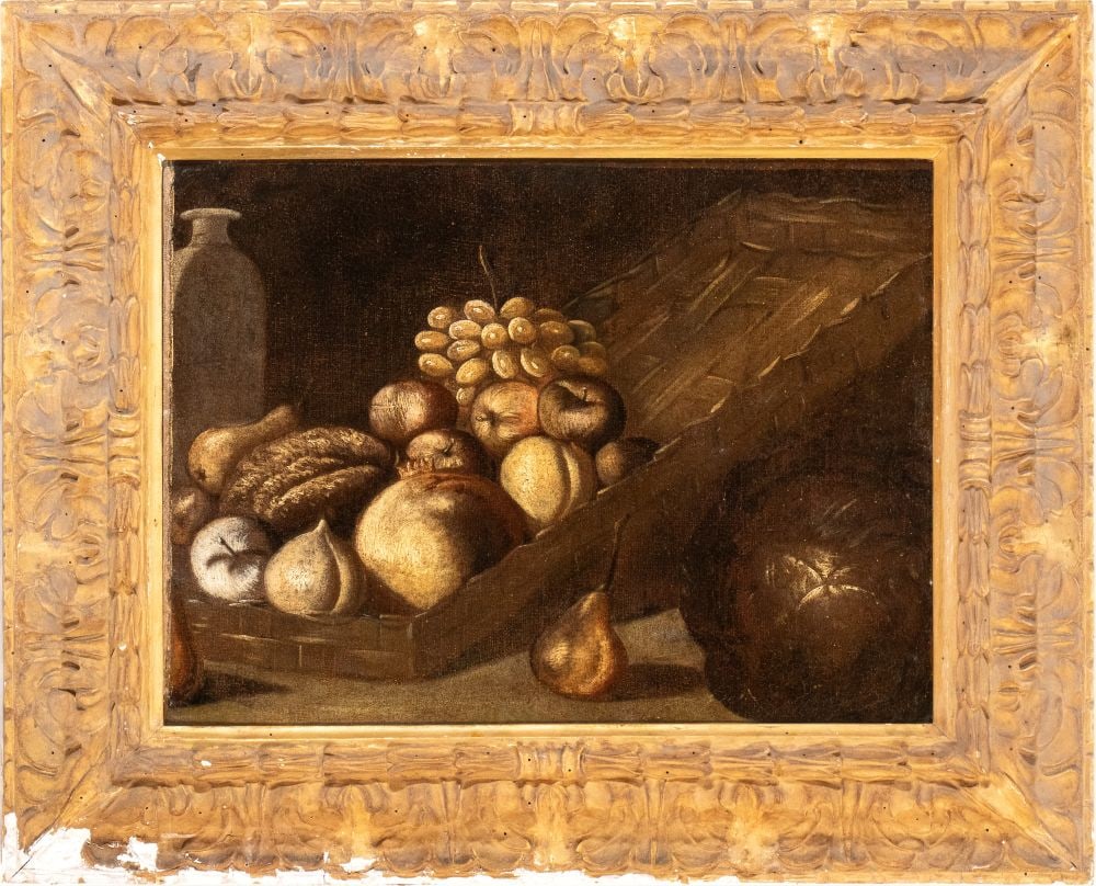Artista lombardo, XVII secolo () Natura morta di frutta in un cesto: Oil on canvas cm. 45x60. Framed Private collection, Campania.