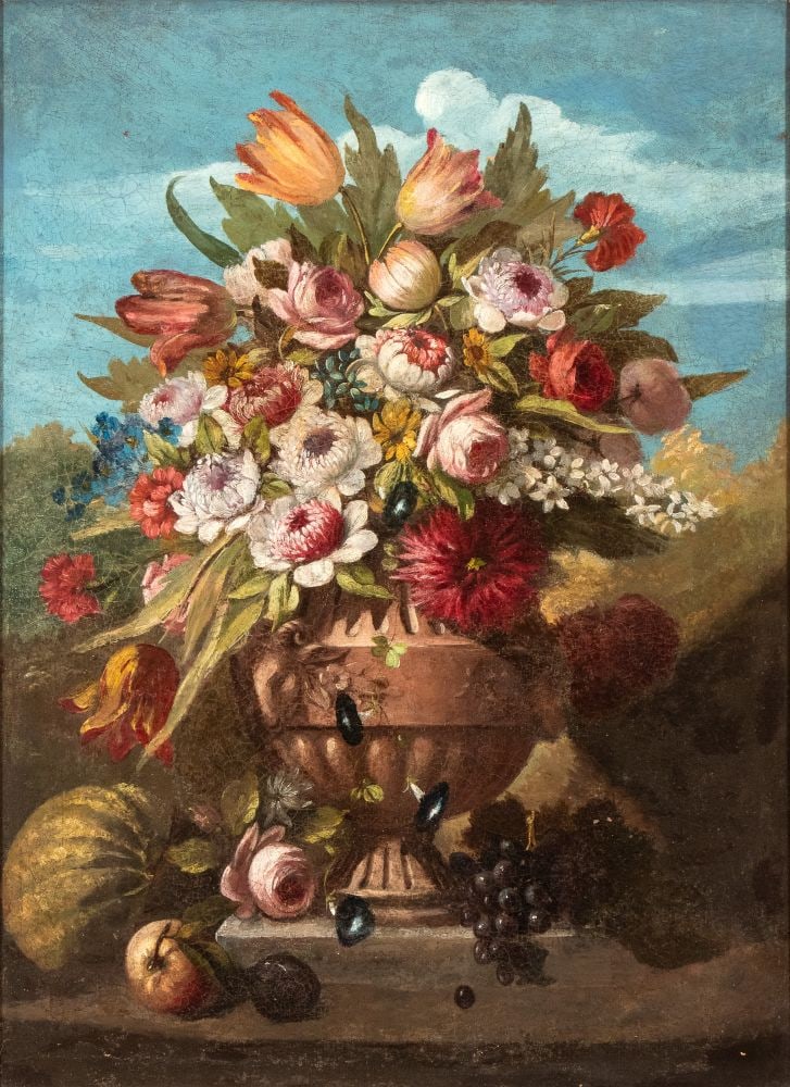 Artista attivo a Napoli () Vaso di fiori con frutta in un giardino: Oil on canvas cm. 101,5x75,5. Framed Private collection, Campania.