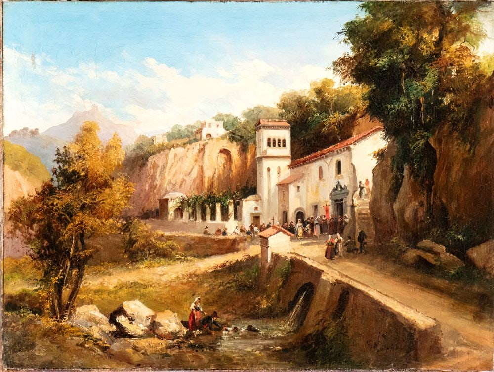 Giacinto Gigante (attribuito a) (Napoli 1806 - 1876) Paesaggio con il santuario dell'Avvocatella a (1 of 4)
