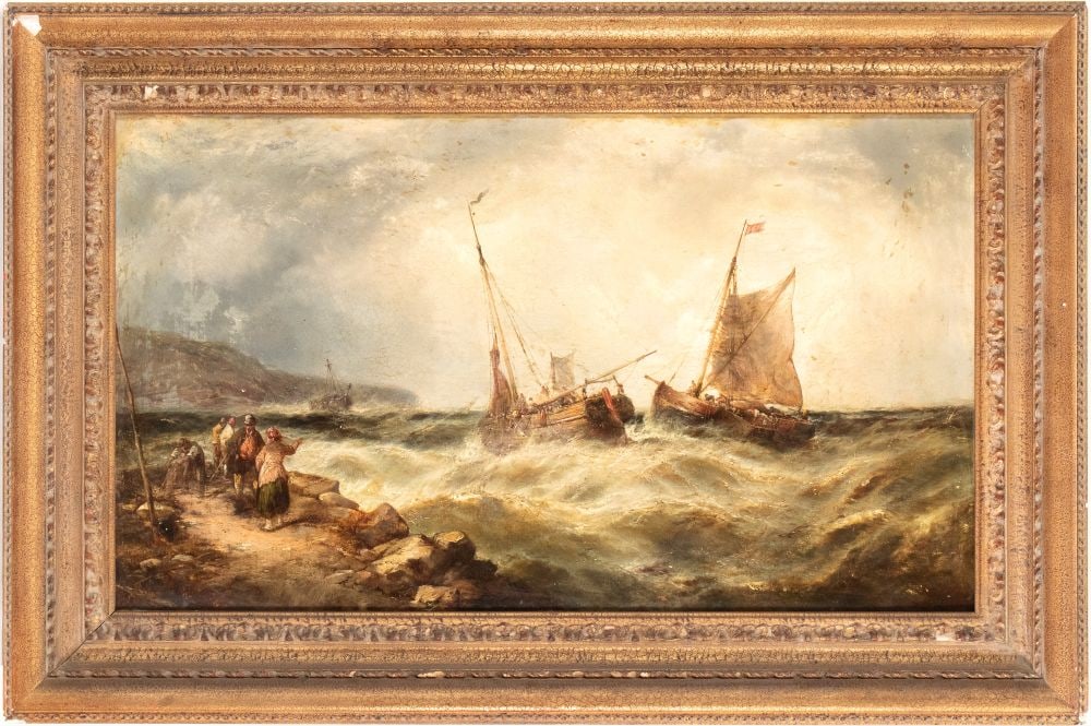 James Burrell Smith (Londra 1822 - 1897) Marina in tempesta con imbarcazioni: Oil on canvas cm. 71x133. Framed The painting bears a brush signature at the lower right: "J. BURRELL". Private collection, Rome.