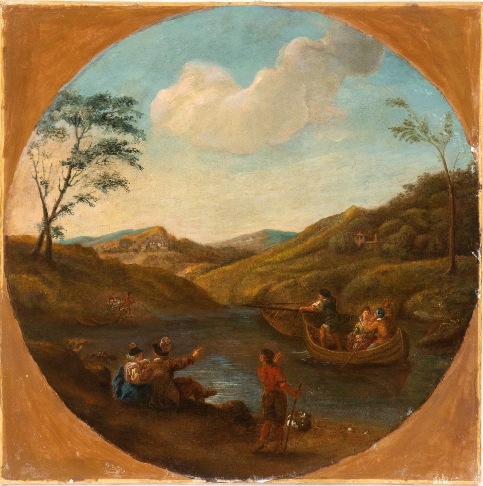 Artista emiliano, XVII - XVIII secolo () Paesaggio con fiume, imbarcazioni e figure (1 of 2)