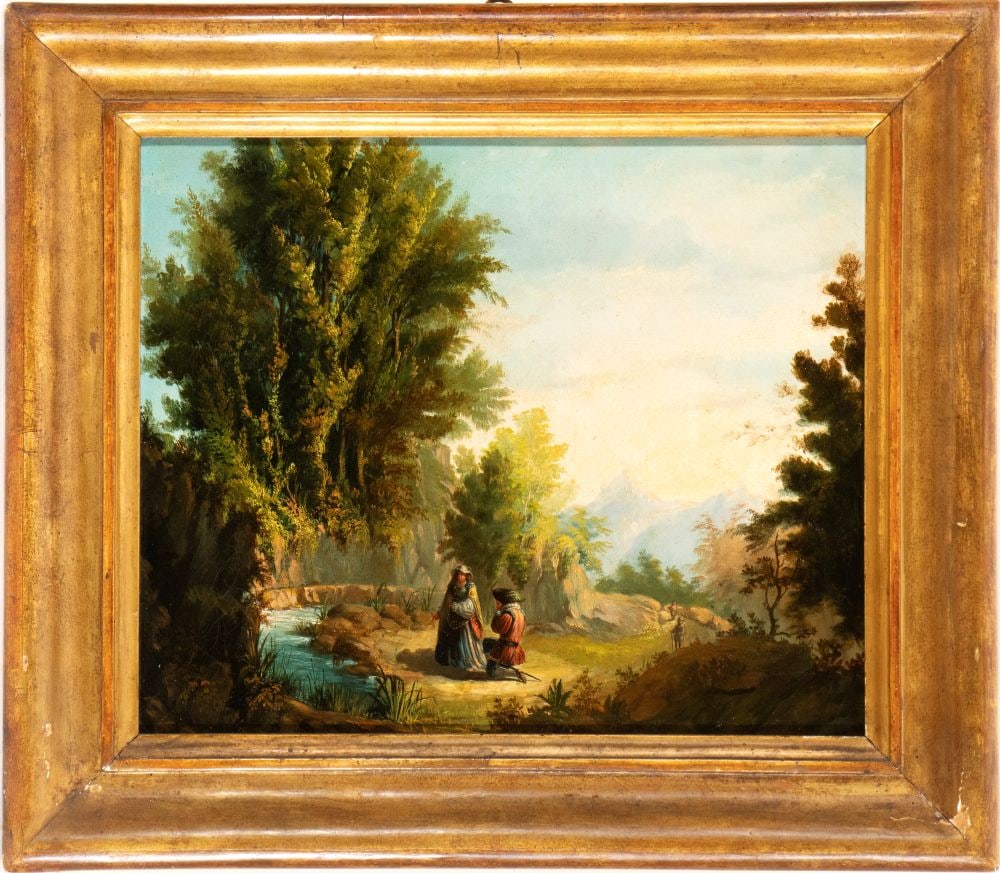 Artista francese, prima metà XIX secolo () Paesaggio con scena galante e ruscello (1 of 3)