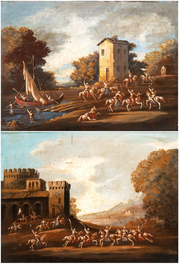 Artista italiano, XIX secolo () a) Paesaggio con battaglia di cavalieri presso un approdo; b) (1 of 9)