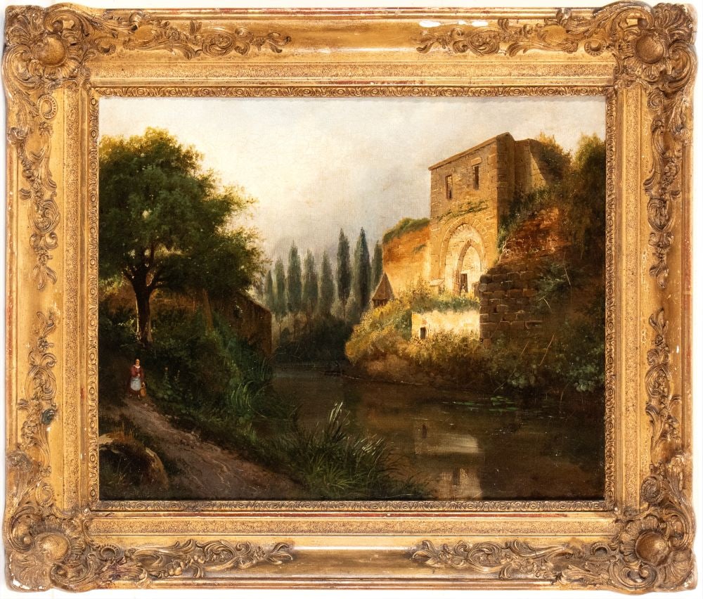 Artista anonimo, XIX secolo () Paesaggio con corso d'acqua, rudere e figure (1 of 3)