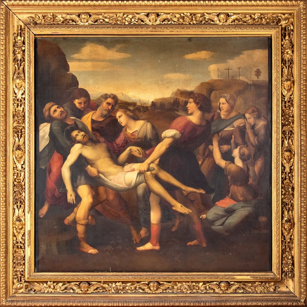 Raffaello Sanzio (copia da) (Urbino 1483 - Roma 1520) Deposition: Raffaello Sanzio (copia da)(Urbino 1483 - Roma 1520) DepositionHeight x width: 240 x 240 cmOil on canvasThe painting is an early copy, of similar dimensions, of Raphael Sanzio’s famous