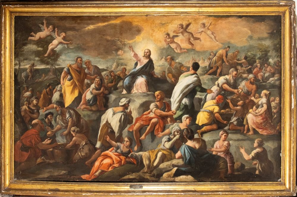 Luca Giordano (ambito di) (Napoli 1634 - 1705) The Multiplication of the Loaves and Fish: Luca Giordano (ambito di)(Napoli 1634 - 1705) The Multiplication of the Loaves and FishHeight x width with frame: 150 x 230 cm17th centuryFrom the circle of the painter Luca Giordano (Naples,