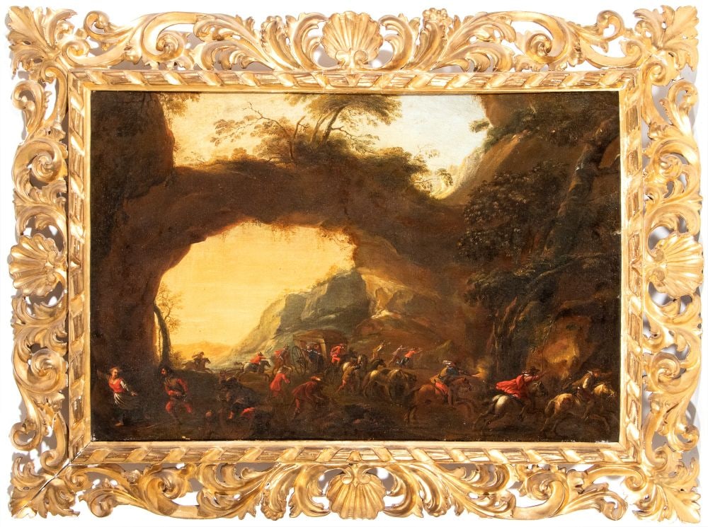 Georg Philipp Rugendas (cerchia di) (1666 - 1742) Landscape painting depicting a bandit ambush and (1 of 7)