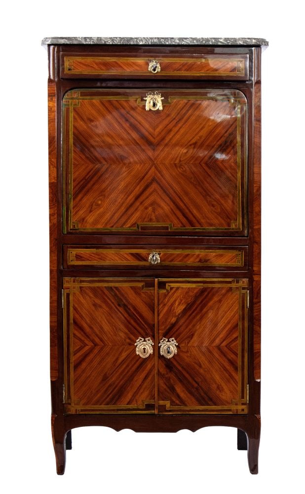 PIERRE PLÉE () French ebony Secretaire, Louis XV: PIERRE PLÉE() French ebony Secretaire, Louis XVHeight x width x depth: 126 x 65.5 x 35.5 cm1770-1780 ca.purple ebony wood panelled (Dalbergia cearensis) with geometric motifs, with cupboard and