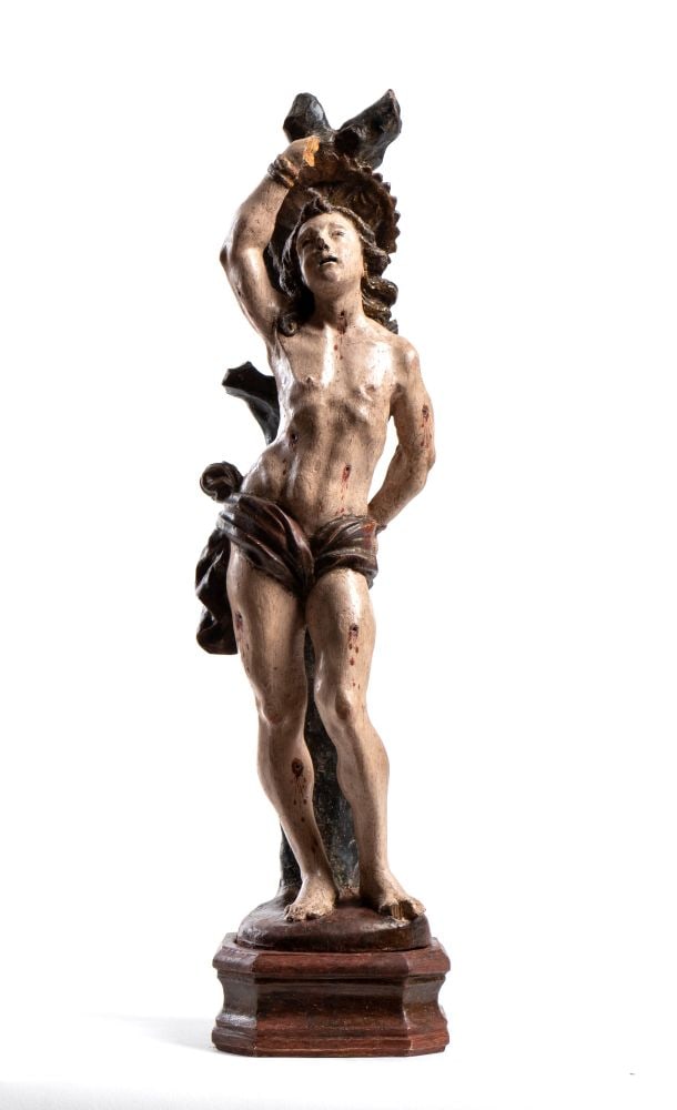 italian Baroque sculpture depicting St. Sebastian: italian Baroque sculpture depicting St. SebastianHeight x width x depth: 46 x 13 x 9 cm.17th centurycarved in wood, the figure of the saint, depicted with great emotional intensity, embodies the