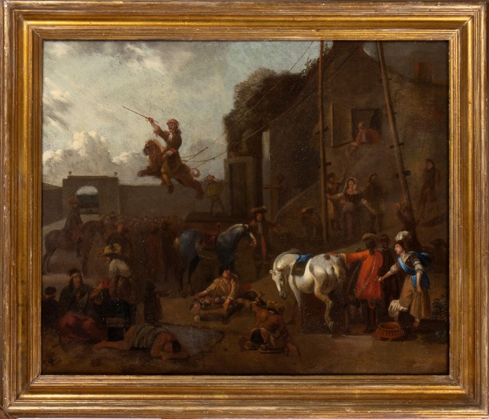 Jan Miel (cerchia di) (Beveren 1599 - Torino 1663) Village party: Jan Miel (cerchia di)(Beveren 1599 - Torino 1663) Village partyHeight x width: Frame 67 x 78 cm Frame 55 x 67 cmFlanders, 17th centuryoil on canvas depicting a party with circus activity in a