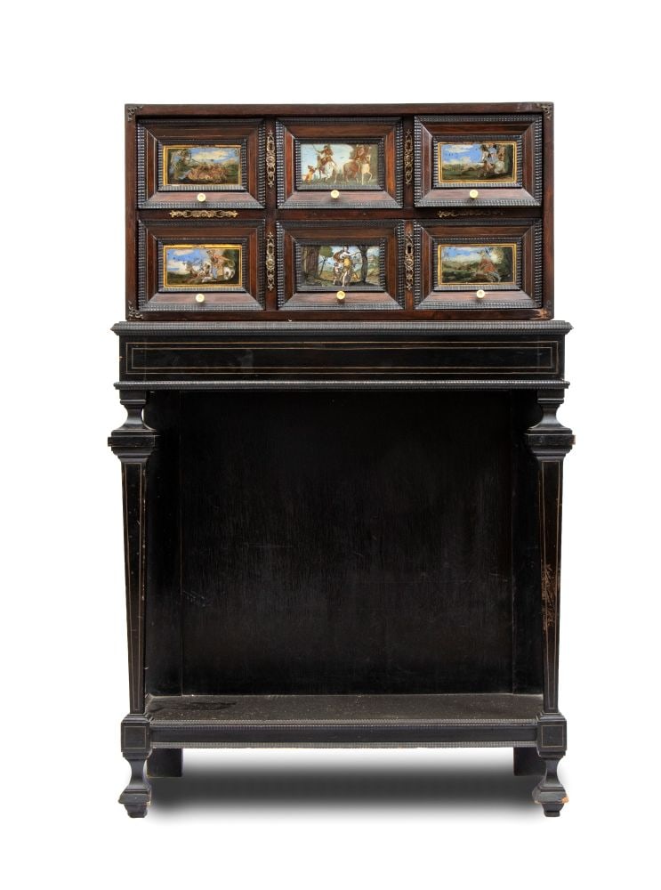 Roman coin box with base: Roman coin box with baseHeight x width x depth: 133 x 86 x 34 cmItaly, 18th centurythe upper section, dating from the late 17th century to the early 18th century, features a front divided into six