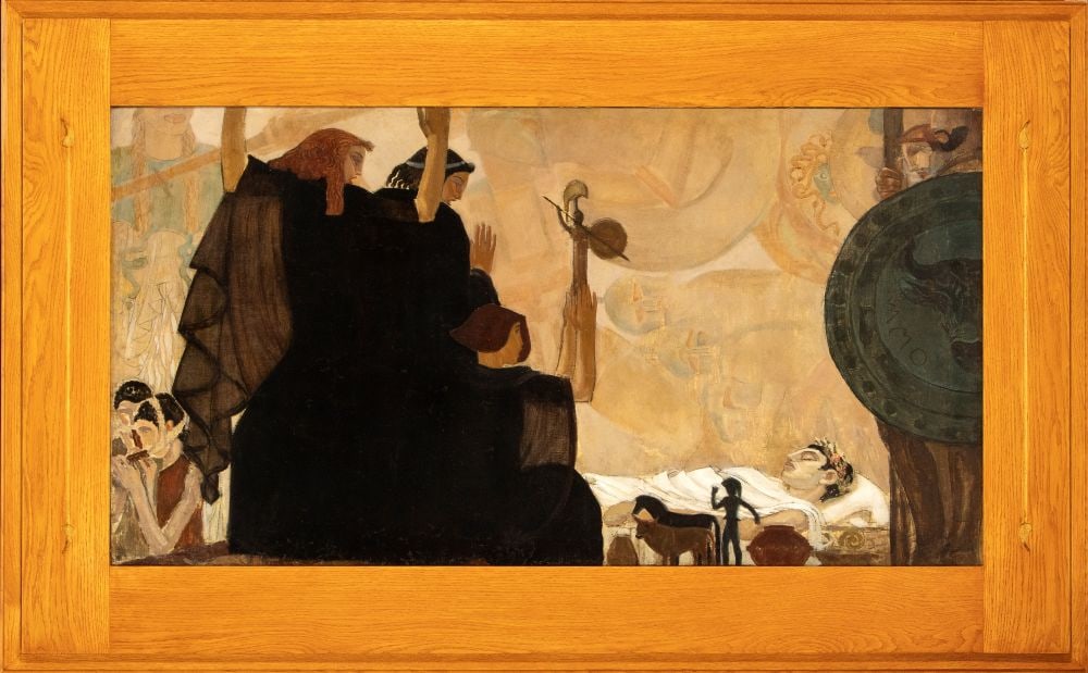 Funeral eulogy: Funeral eulogyHeight x width: 116 x 186 cmEarly 20th centuryoil on canvasWith its stylized and decorative style, the painting can be traced back to the artistic language of Symbolism and the Roman