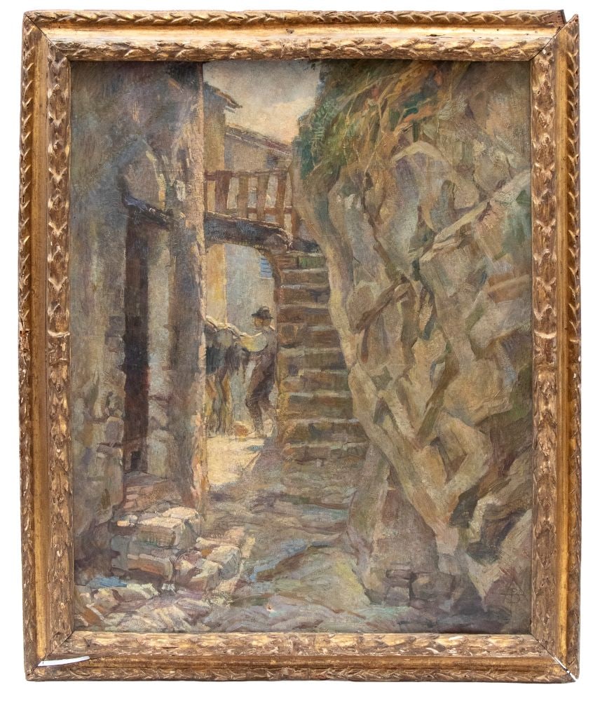Rural scene: Rural sceneHeight x width with frame: 106 x 86 cmItaly, early 19th centuryfeaturing a male figure engaged in an everyday activity, likely related to work. The rustic architecture blends with the