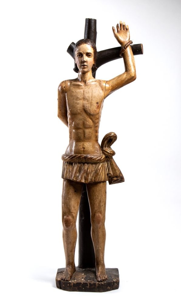 Sculpture St. Sebastian , Italy: Sculpture St. Sebastian , ItalyHeight x width x depth: 140x 50 x 35 cm.Alpine area, 17th centuryPolychrome wood carving with gilding. The saint is depicted frontally, tied to a stylized cross-shaped