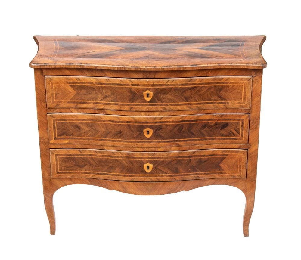 Louis XV Transition Chest of Drawers: Louis XV Transition Chest of DrawersHeight x width x depth: 97 x 130 x 58 cmRome, 18th centuryveneered in walnut and rosewood, with a curved and rounded front and sides, decorated with geometric herri