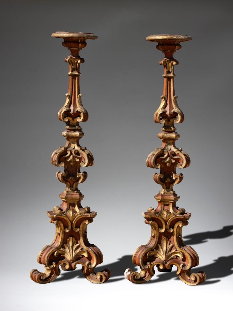Pair of large Venetian candlesticks: Pair of large Venetian candlesticksHeight x width x depth: 192 x 60 x 60 cmItaly, 18th centurymade of finely carved, lacquered, and decorated wood. A rare piece of considerable size. This lot is