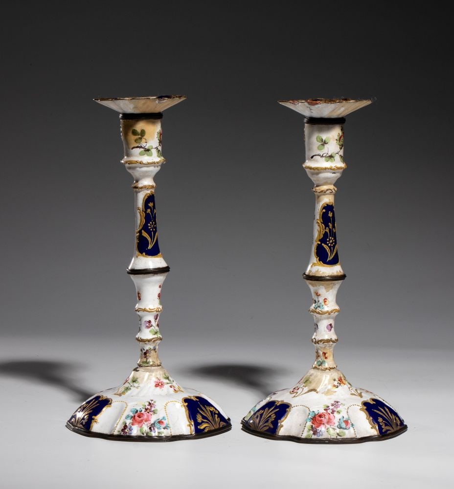 Pair of Bilston enamel candlesticks (1 of 4)