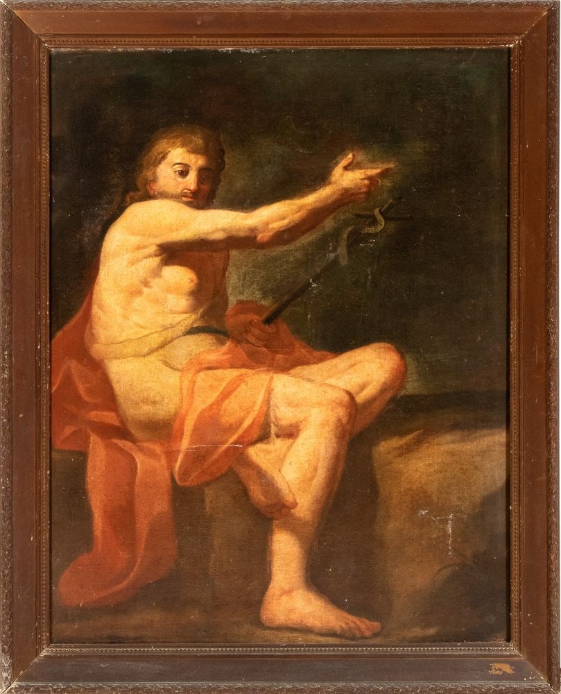 Painting depicting Saint John the Baptist: Painting depicting Saint John the BaptistHeight x width with frame: 148 x 118 cmItaly, 19th centurycopy of a work by Guido Reni, the saint is portrayed with his classic iconographic attributes, a red