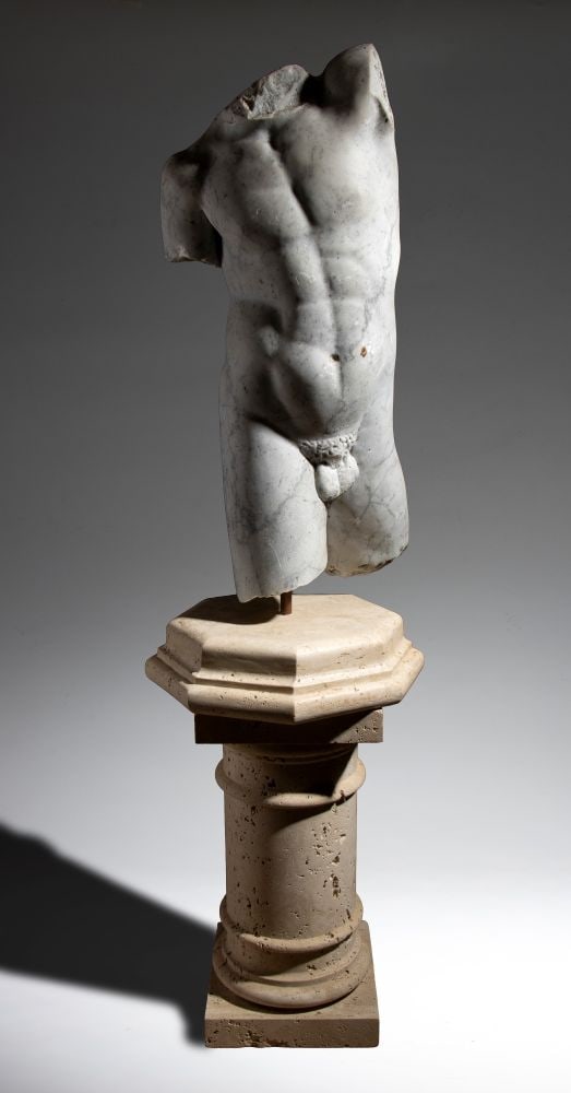 Male Torso in Marble: Male Torso in MarbleHeight x width x depth: 147,5 x 45 x 47 cmLate 19th century–early 20th centuryA sculptural fragment missing its head and upper and lower limbs, modeled after archaeological