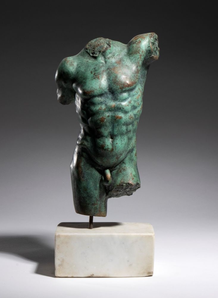 Bronze bust of a male torso: Bronze bust of a male torsoHeight x width x depth: 34 x 14 x 10 cm20th centurysculpture depicting a nude male torso, lost-wax casting.Item condition grading: **** good.The sculpture is in a good
