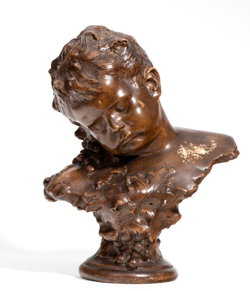 FRIEDRICH GOLDSCHEIDER (1845 - 1897) Terracotta bust: FRIEDRICH GOLDSCHEIDER(1845 - 1897) Terracotta bustHeight x width x depth: 43 x 35 x 20 cm.Austria, 19th centuryImportant terracotta sculpture by Friedrich Goldscheider with brown patina depicting a b