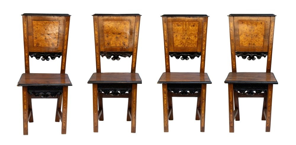 Set of four chairs from Lombardy - Veneto: Set of four chairs from Lombardy - VenetoHeight x width x depth: 109 x 50 x 36 cm. Seat height: 50 cm19th centurywalnut frame, poplar burl inlays, carved and ebonized parts, solid wood seat.Item