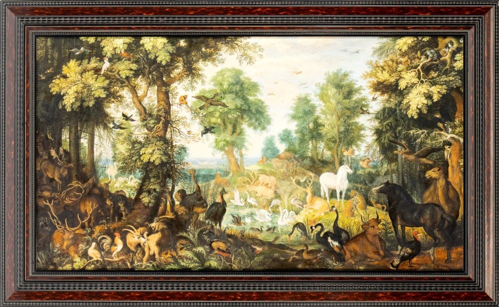 Painting: “Earthly Paradise”: Painting: “Earthly Paradise”Height x width: 72 x 116 cm20th centuryFlemish school, on panel, depicting a dense landscape with exotic and domestic animals; the composition faithfully