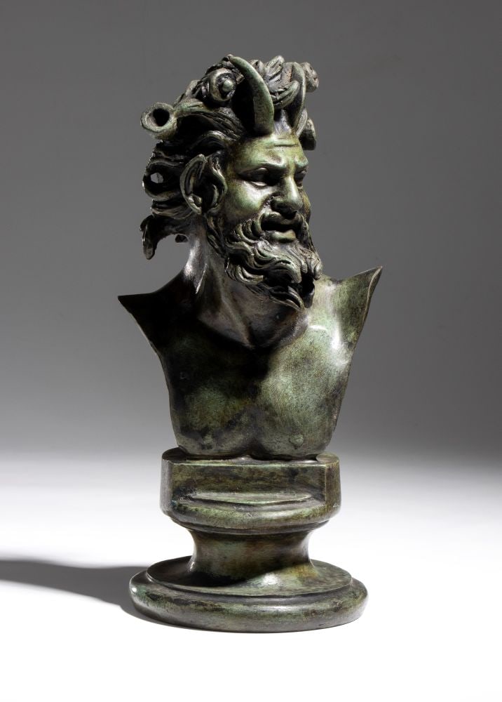 Sculpture of a satyr: Sculpture of a satyrHeight x width x depth: 28 x 14 x 11 cm19th centuryBased on the Hellenistic bronze sculpture of the Dancing Faun from Pompeii, now in the National Archaeological Museum of Naples.