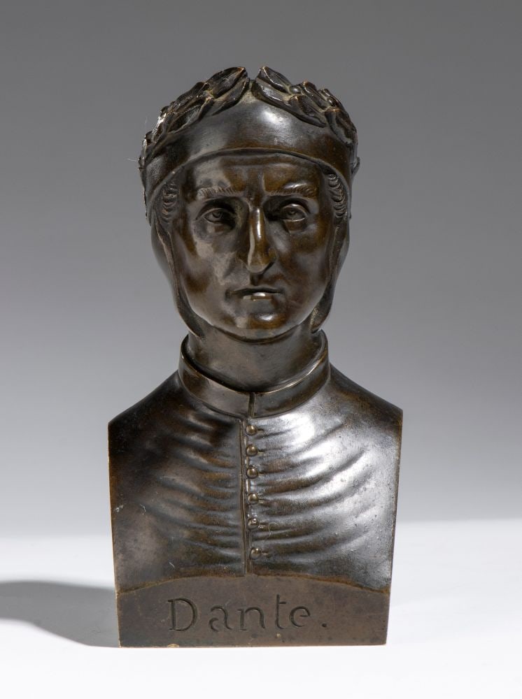 PIERRE JOSEPH CHARDIGNY (firma_di) (1794 - 1866) Bronze bust depicting Dante Alighieri: PIERRE JOSEPH CHARDIGNY (firma_di)(1794 - 1866) Bronze bust depicting Dante AlighieriHeight x width x depth: 14 x 6 x 6 cm France, 19th centurysigned and dated Chardigny F. (fecit) 1851 and bearing