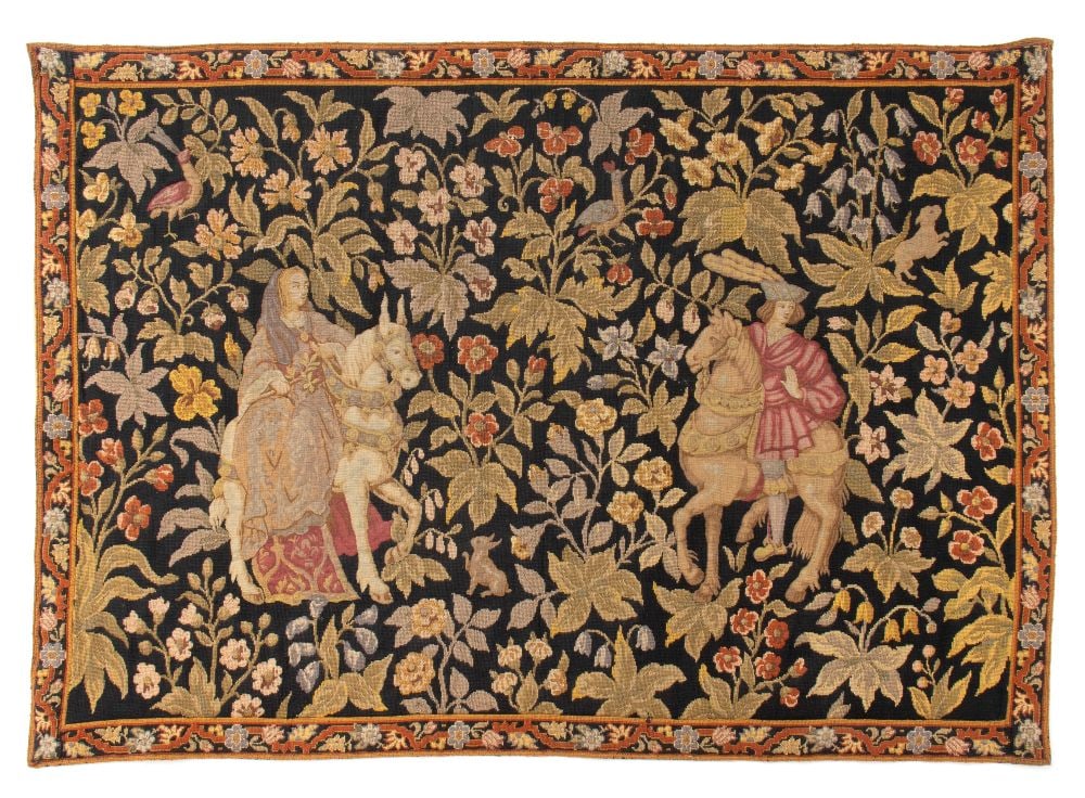 Flemish-style tapestry: Flemish-style tapestryHeight x width: 112 x 157 cmFrance, 19th centurya courtly love scene featuring figures on horseback, inspired by the late Middle Ages.Item condition grading: **** good.The