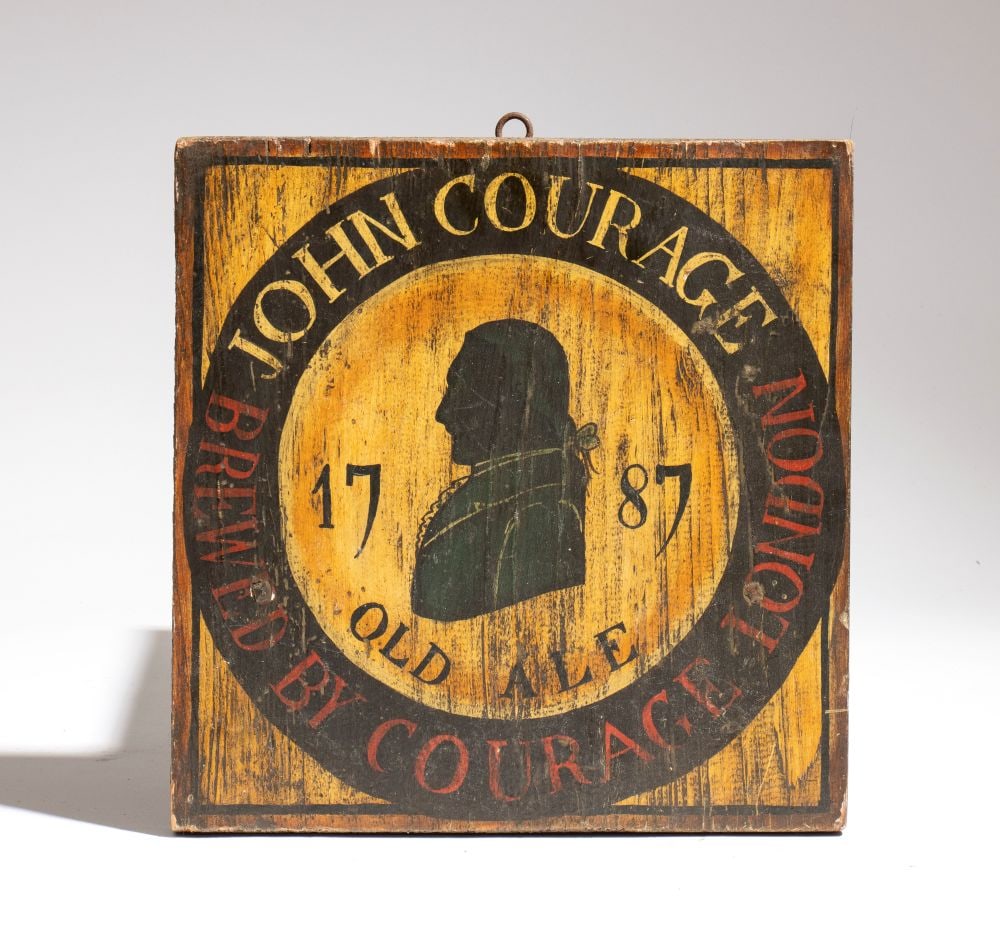 Painted wooden pub sign featuring John Courage beer: Painted wooden pub sign featuring John Courage beerHeight x width: 29 x 30 cm19th centuryfeaturing a black silhouette in profile of John Courage, founder of the historic London brewery in