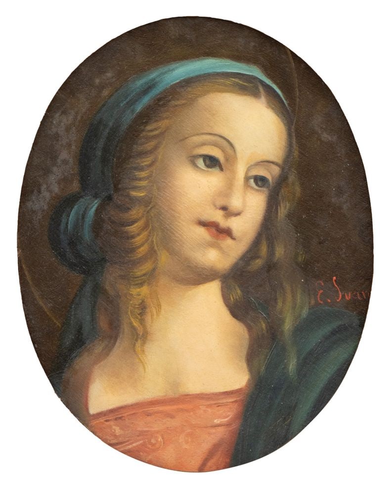 Painting depicting the Virgin: Painting depicting the VirginHeight x width: 41 x 41 cm20th centuryOil on an oval panel, set in a carved and gilded wooden frame.Unidentified signature in the lower right corner: “E.