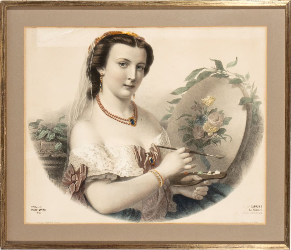 Lithograph depicting “Painting”: Lithograph depicting “Painting” Height x width: 65 x 75 cmFrance, 19th centuryan allegory of Painting, personified by a young noblewoman depicted in the act of painting. The work is