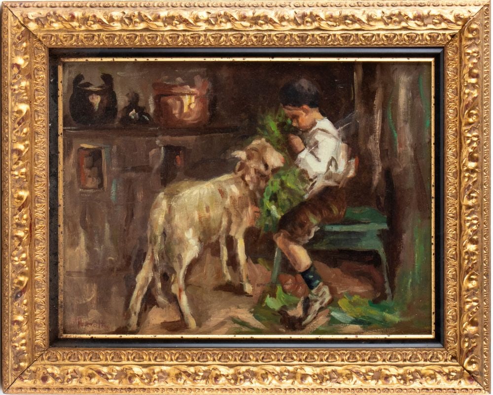 Indoor scene with a child: Indoor scene with a childHeight x width with frame: 43 x 52 cm20th centurySigned “PEZZOTTA” in the lower left corner.Item condition grading: **** good.The lot is in a good state of