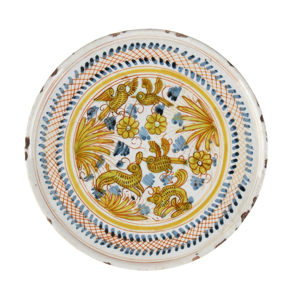 Backsplash by Deruta: Backsplash by DerutaHeight x diameter: 7 x 24.5 cm15th-16th centuryDecorated in the typical ornamental style of Renaissance Deruta majolica, it features an orange decorative band with a crisscross