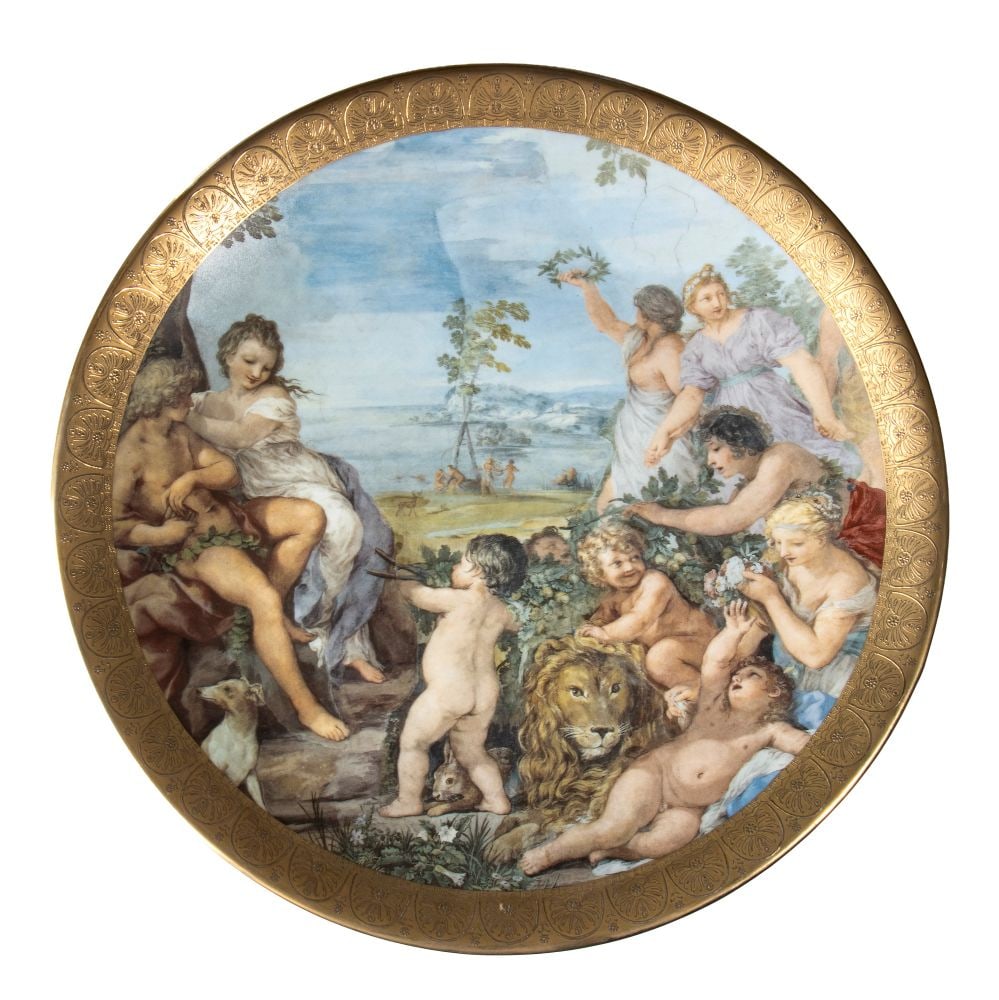 Meissen porcelain plate: Meissen porcelain plateDiameter: 45 cm20th centurydepicting “The Golden Age” by Pietro da Cortona, with a gilded relief border.Item condition grading: **** good.The lot is in a good state