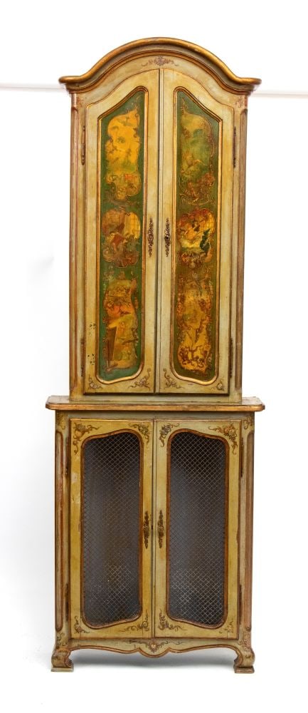 Lacquered and painted cabinet: Lacquered and painted cabinetHeight x width x depth: 228,5 x 83 x 30 cm.Venice, 20th centurylacquered in ivory and sage green, with hand-painted floral and figurative decorations on the upper